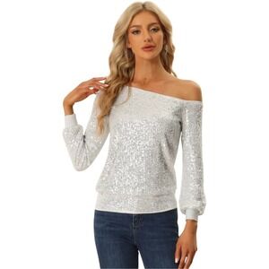Allegra K Silver Sequin Off Shoulder‎ Long Sleeve Sparkly Party Top M NWT